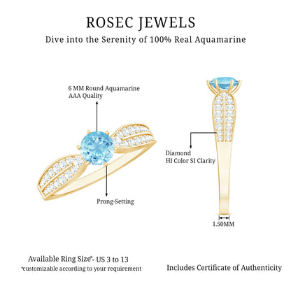 Real Aquamarine Elegant Engagement Ring with Diamond Side Stones
