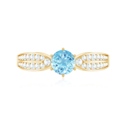 Real Aquamarine Elegant Engagement Ring with Diamond Side Stones