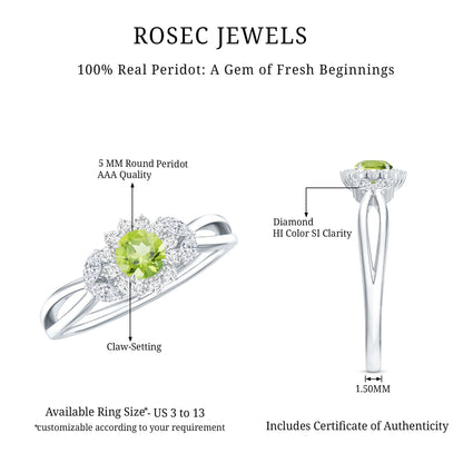 Natural 0.5 Carat Peridot Flower Engagement Ring with Diamond