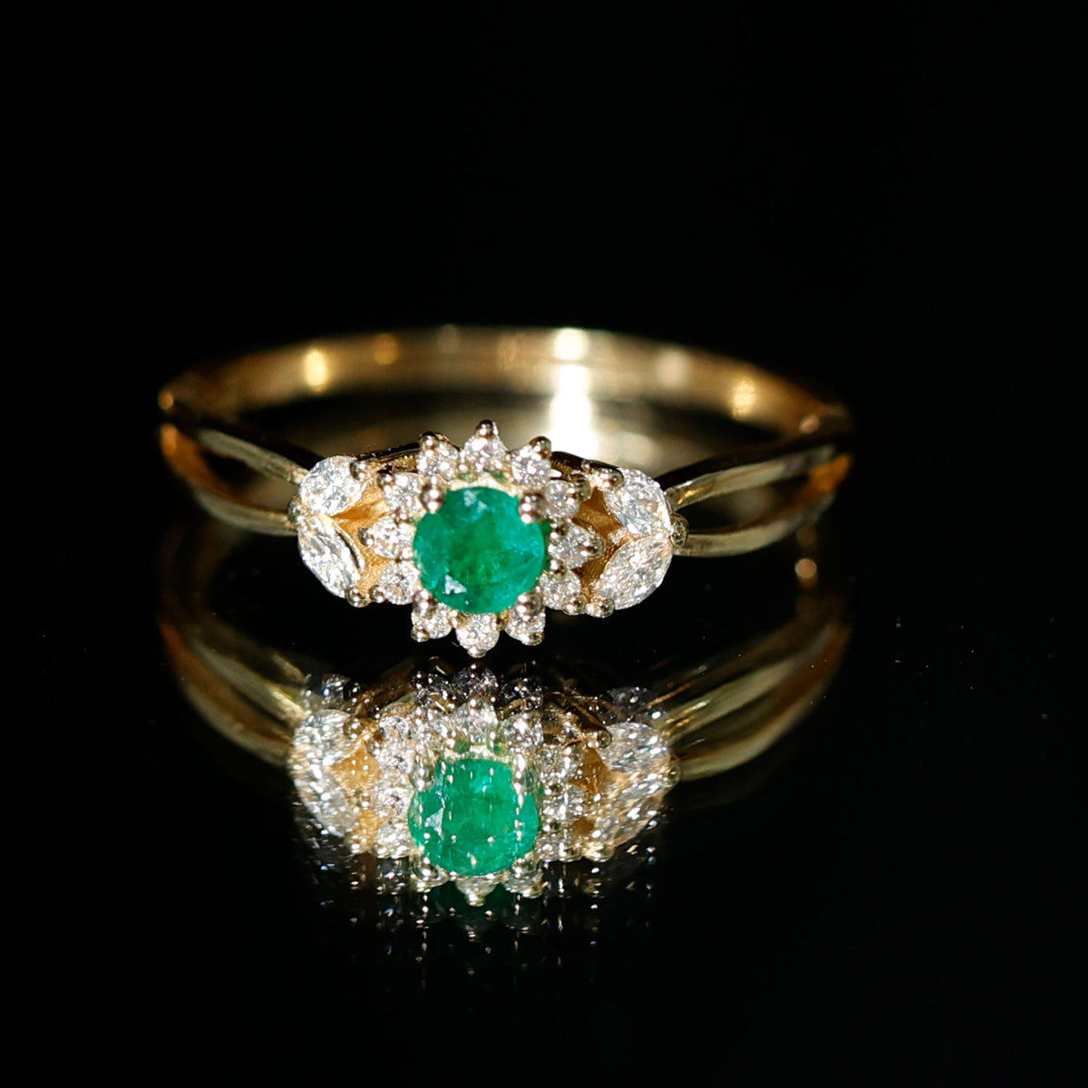 Real Emerald and Diamond Flower Engagement Ring with Split Shank