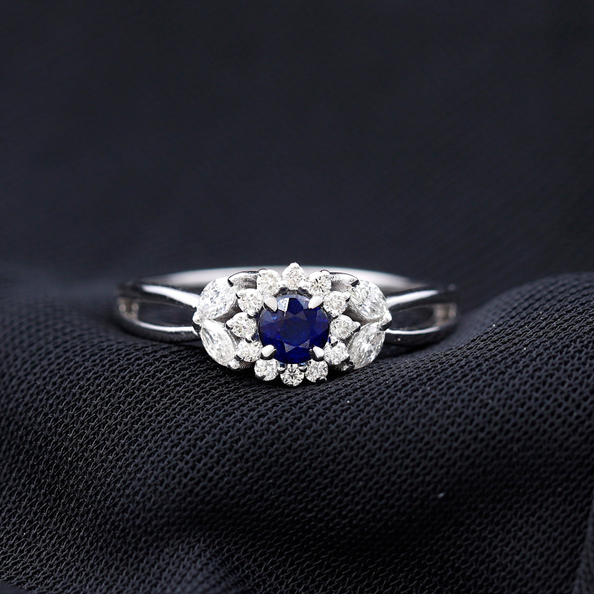 Certified Blue Sapphire Flower Engagement Ring with Diamond