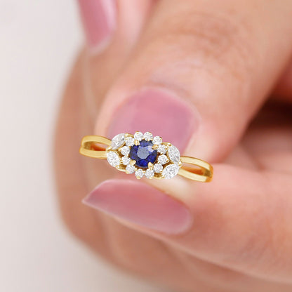 Certified Blue Sapphire Flower Engagement Ring with Diamond