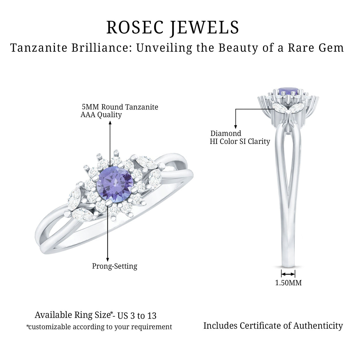 Genuine Tanzanite and Diamond Nature Engagement Ring with Split Shank