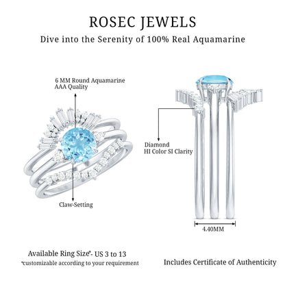 Real Aquamarine Designer Trio Wedding Ring Set with Diamond