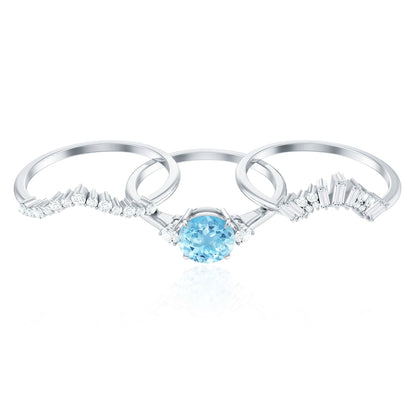 Real Aquamarine Designer Trio Wedding Ring Set with Diamond