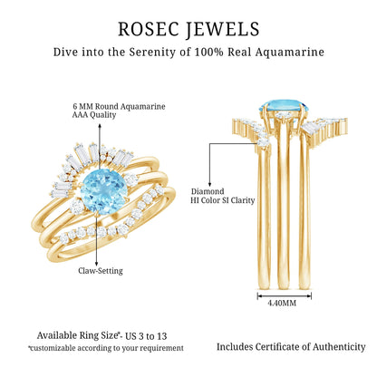 Real Aquamarine Designer Trio Wedding Ring Set with Diamond