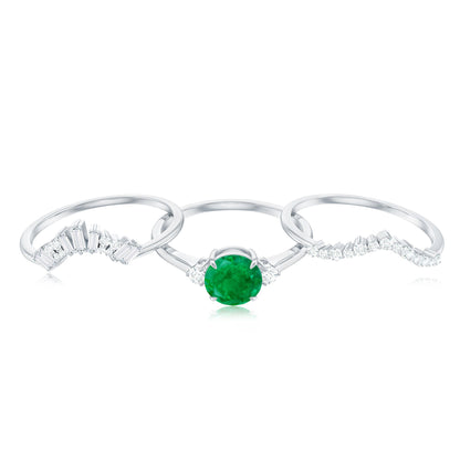 Vintage Inspired 0.4 Carat Emerald Diamond Wedding Bridal Ring Set of 3