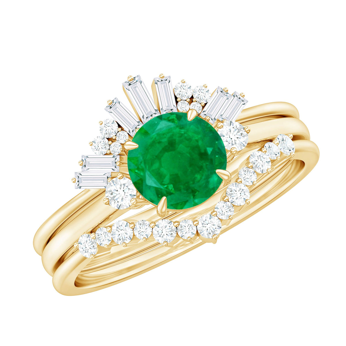 Vintage Inspired 0.4 Carat Emerald Diamond Wedding Bridal Ring Set of 3