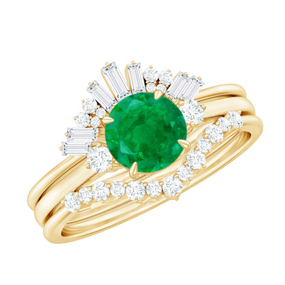 Vintage Inspired 0.4 Carat Emerald Diamond Wedding Bridal Ring Set of 3