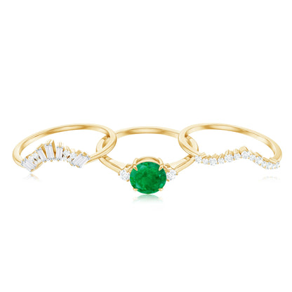 Vintage Inspired 0.4 Carat Emerald Diamond Wedding Bridal Ring Set of 3