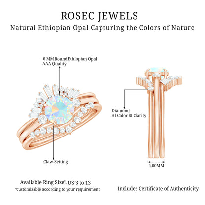 0.8 Carat Natural Ethiopian Rainbow Opal Diamond Wedding Bridal Ring Set of 3