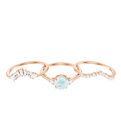0.8 Carat Natural Ethiopian Rainbow Opal Diamond Wedding Bridal Ring Set of 3