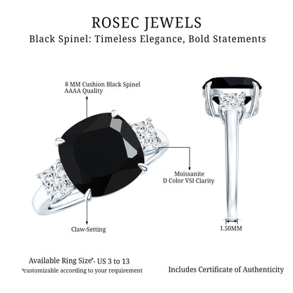 Cushion Cut Black Spinel Solitaire Engagement Ring with Moissanite
