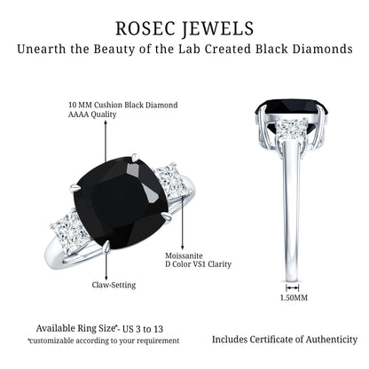 3.8 Carat Cushion Cut Lab Grown Black Diamond Three Engagement Ring with Moissanite