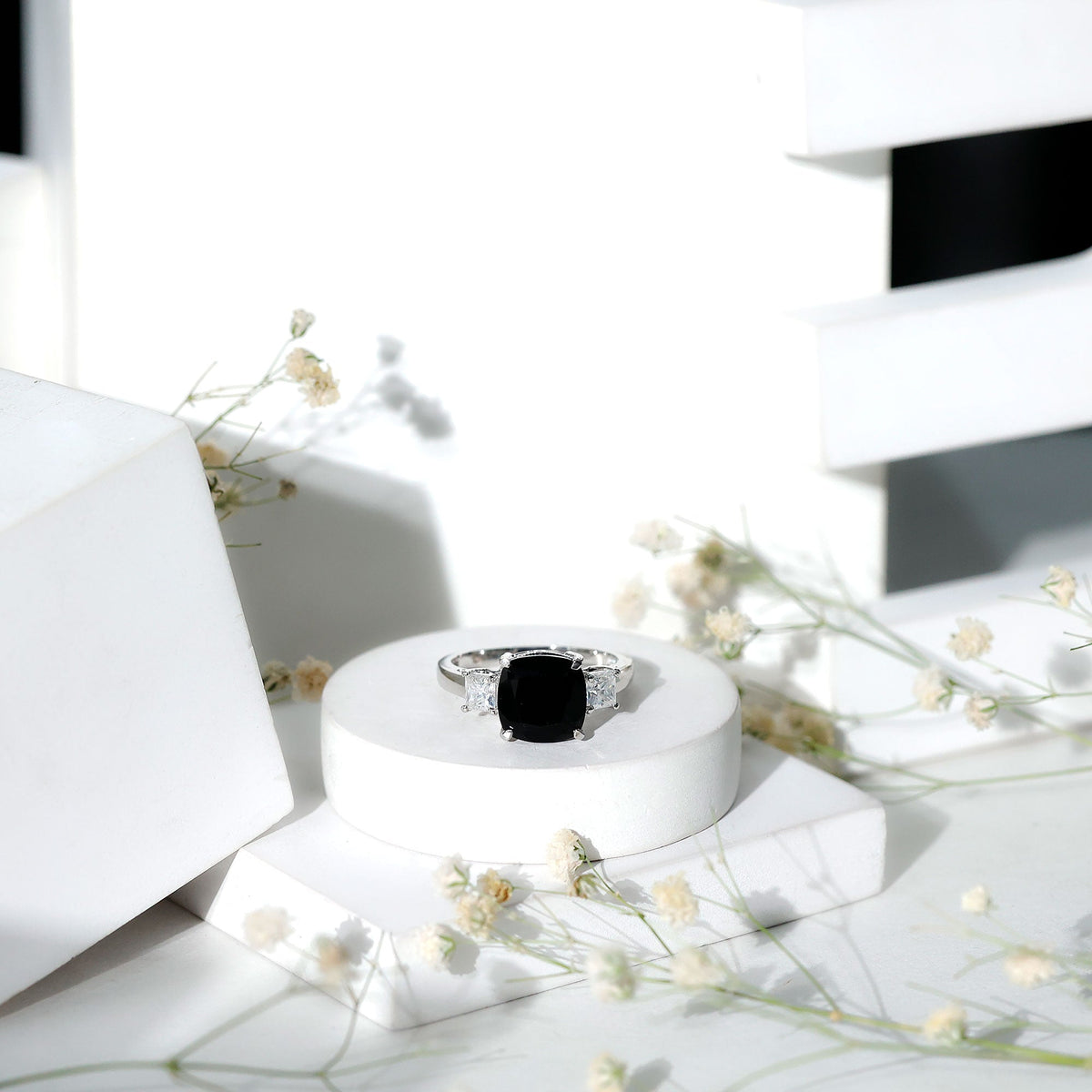 3.8 Carat Cushion Cut Lab Grown Black Diamond Three Engagement Ring with Moissanite