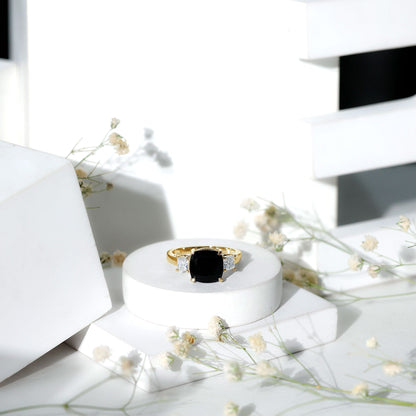 3.8 Carat Cushion Cut Lab Grown Black Diamond Three Engagement Ring with Moissanite