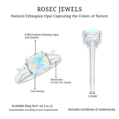 1.8 Carat Genuine Cushion Cut Ethiopian Opal 3 Stone Engagement Ring with Moissanite