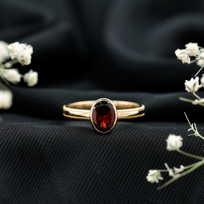 Certified Real Garnet Oval Engagement Ring in Bezel Setting