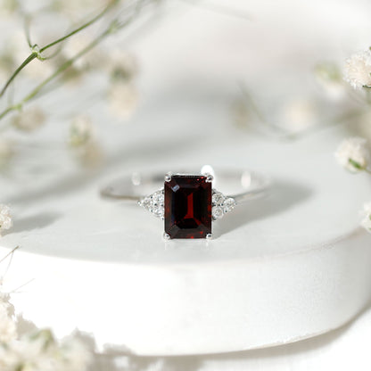Natural Garnet Emerald Cut Engagement Ring with Diamond Trio