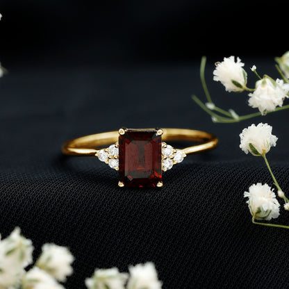 Natural Garnet Emerald Cut Engagement Ring with Diamond Trio