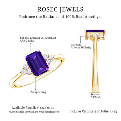 Real 1.4 Carat Amethyst Emerald Cut Engagement Ring with Diamond Trio