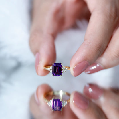 Real 1.4 Carat Amethyst Emerald Cut Engagement Ring with Diamond Trio