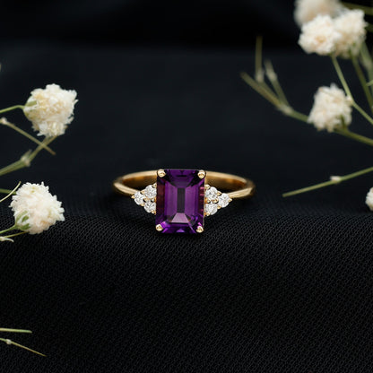 Real 1.4 Carat Amethyst Emerald Cut Engagement Ring with Diamond Trio