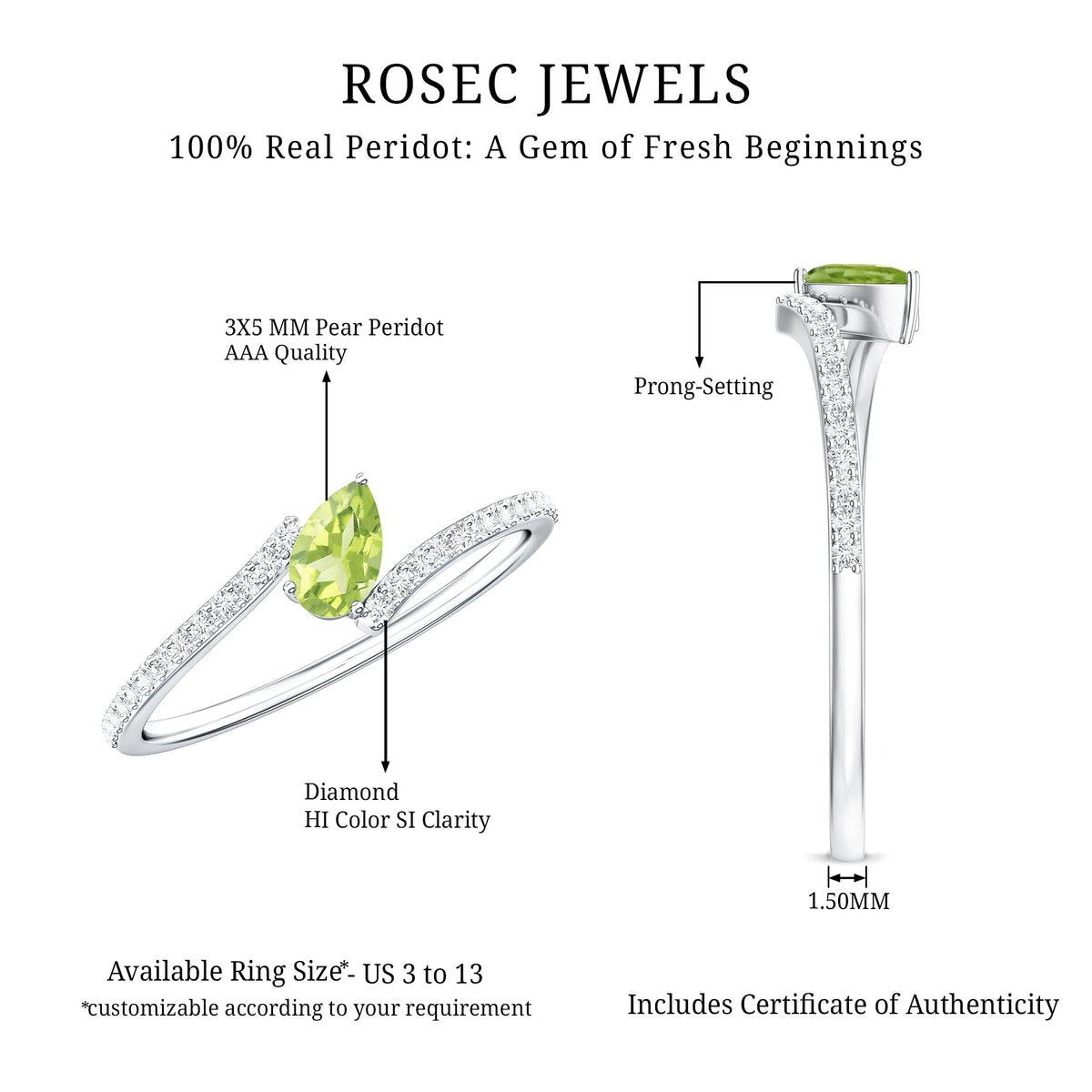 Natural Pear Shape Peridot Promise Ring with Bypass Diamond