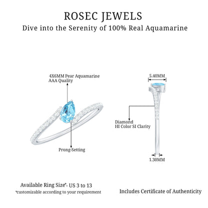 Real Aquamarine and Diamond Promise Ring in Bypass Shank
