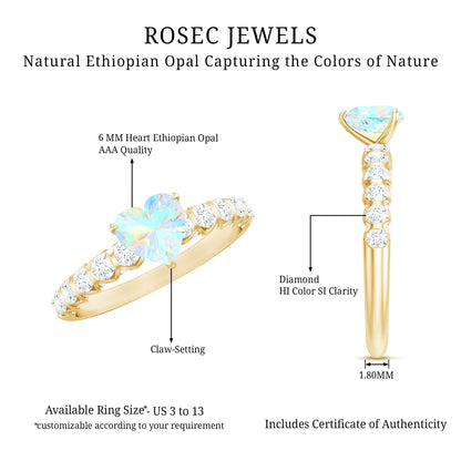 0.75 Carat Heart Shape Ethiopian Opal and Diamond Engagement Ring