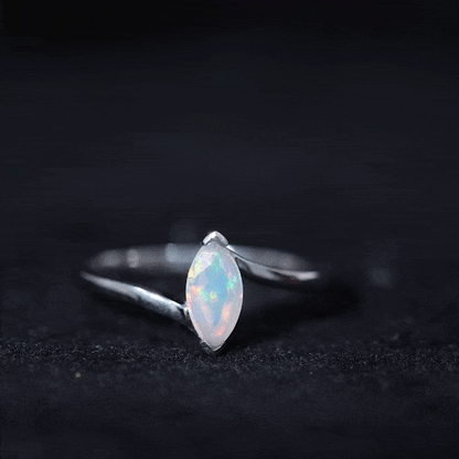 Natural Marquise Ethiopian Rainbow Opal Promise Ring with Bypass Shank