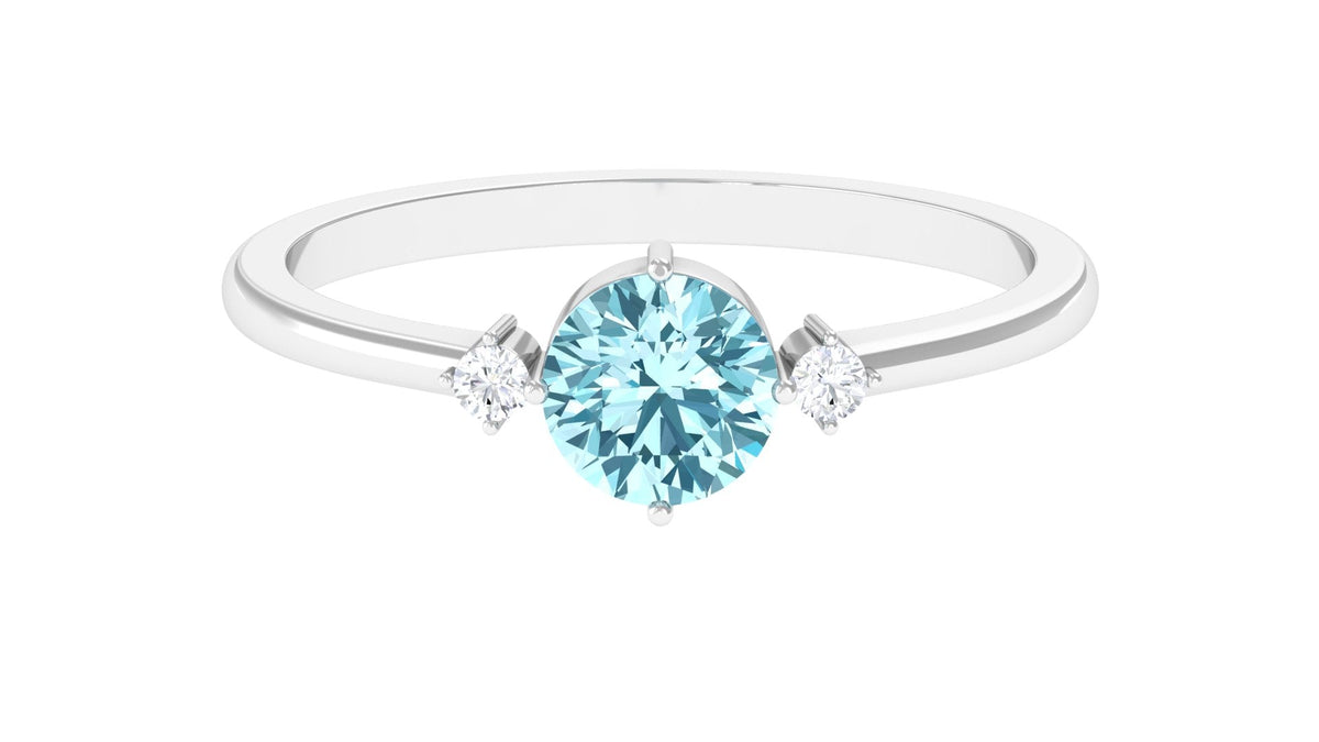 Natural 0.8 Carat Round Aquamarine Promise Ring with Diamond