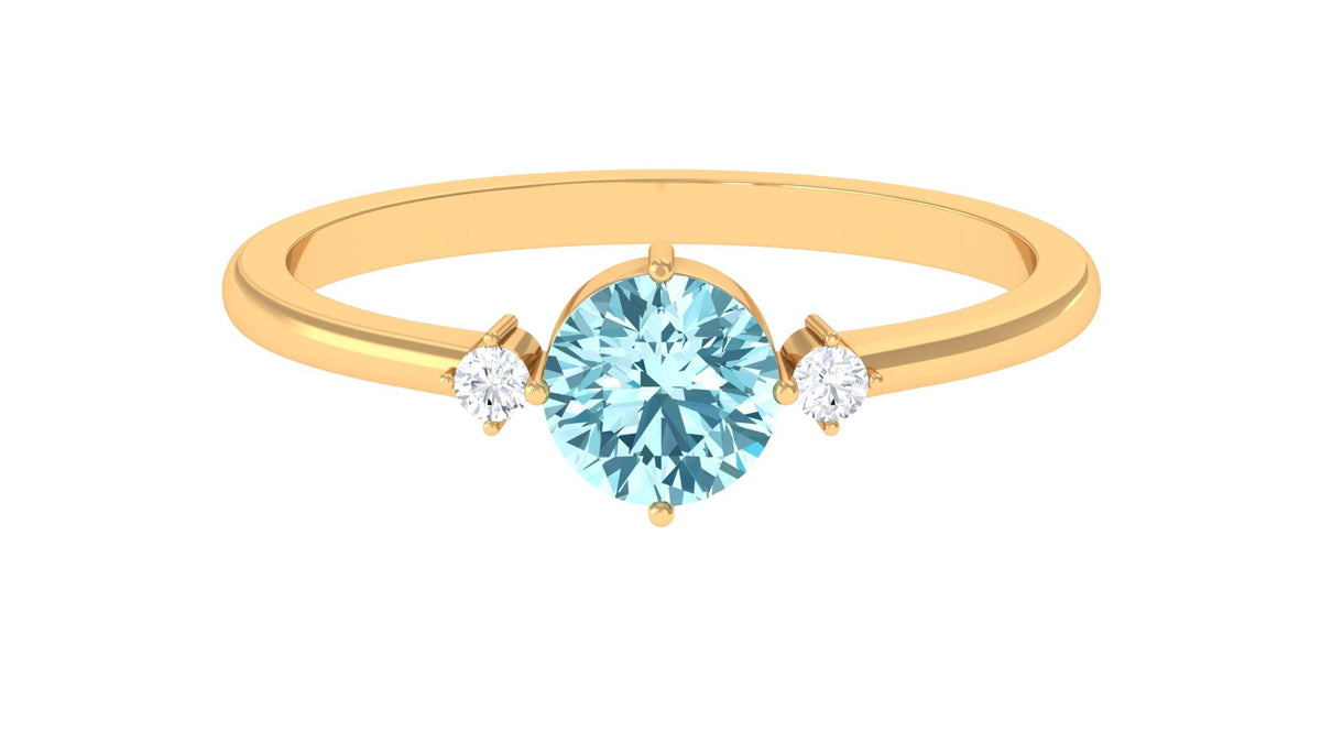 Natural 0.8 Carat Round Aquamarine Promise Ring with Diamond