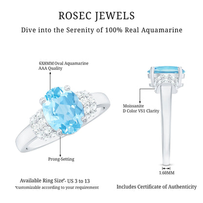 1 Carat Oval Cut Aquamarine Engagement Ring with Diamond Collar