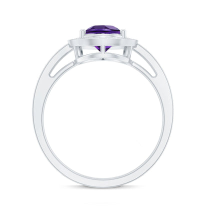 Real 1 Carat Amethyst Pear Shaped Engagement Ring with Diamond Halo