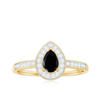 Genuine Black Spinel Teardrop Engagement Ring with Diamond Halo