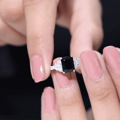 Certified 1.8 Carat Emerald Cut Black Onyx Engagement Ring with Diamonds
