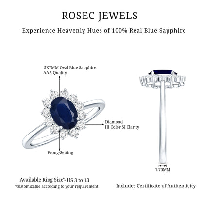 Natural 1 Carat Blue Sapphire Princess Diana Inspired Engagement Ring with Diamonds