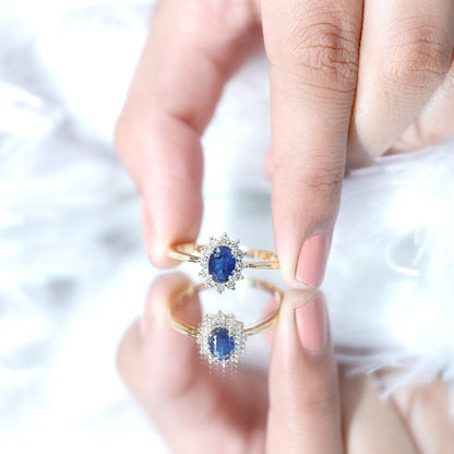 Natural 1 Carat Blue Sapphire Princess Diana Inspired Engagement Ring with Diamonds