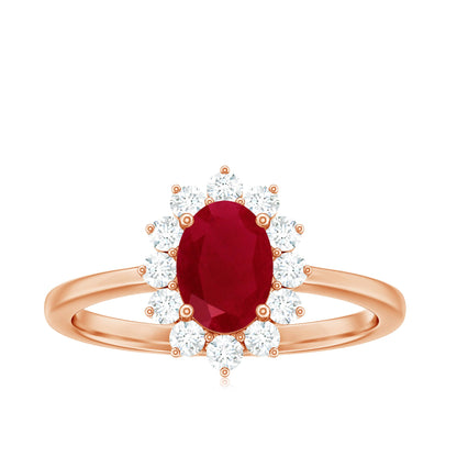 Natural 0.6 Carat Oval Ruby Engagement Ring with Diamond Halo