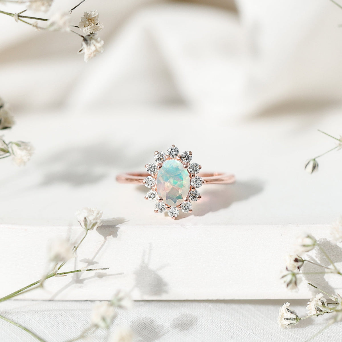 Certified Real Ethiopian Opal Oval Engagement Ring with Diamond Halo