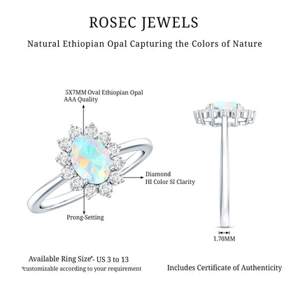 Certified Real Ethiopian Opal Oval Engagement Ring with Diamond Halo