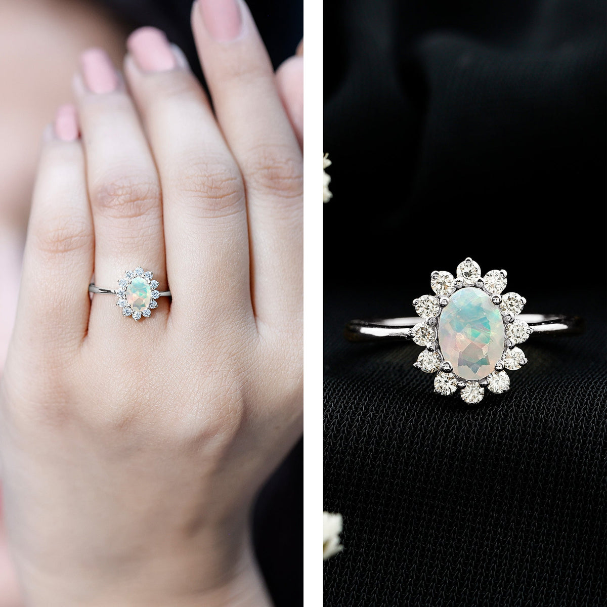 Certified Real Ethiopian Opal Oval Engagement Ring with Diamond Halo