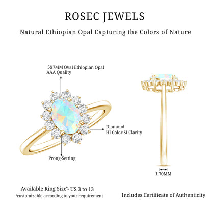 Certified Real Ethiopian Opal Oval Engagement Ring with Diamond Halo