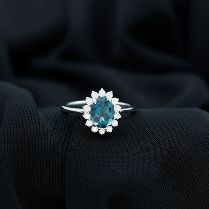 Real 1 Carat London Blue Topaz Princess Diana Inspired Engagement Ring with Diamond