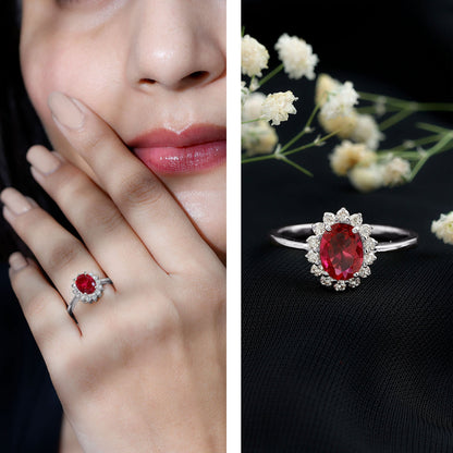 1.5 Carat Oval Shape Lab Grown Ruby and Diamond Halo Engagement Ring