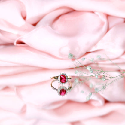 1.5 Carat Oval Shape Lab Grown Ruby and Diamond Halo Engagement Ring
