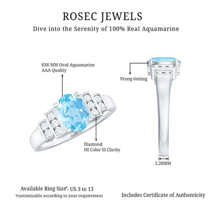 Real 1 Carat Aquamarine Statement Engagement Ring with Diamond