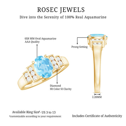 Real 1 Carat Aquamarine Statement Engagement Ring with Diamond