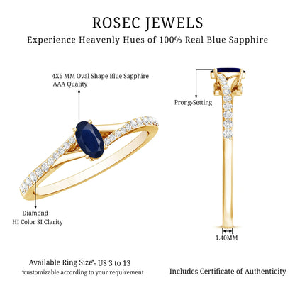 Natural 0.6 Carat Blue Sapphire Minimal Engagement Ring with Diamond Split Shank